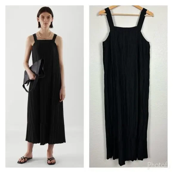 COS Women’s Maxi Dress Size 6 Black Pleated Minimalist Modern Cotton Blend Long - Picture 1 of 15